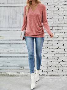 SHEIN LUNE Áo cánh nữ cổ chữ V dài tay cài nút thường ngày, thiết kế đơn giản để mặc hàng ngày - Màu Hồng  San hô - Xem 5