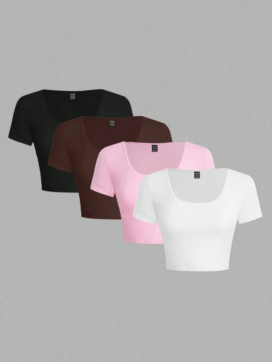 SHEIN EZwear Damska, swobodna, jednokolorowa, kwadratowa, obcisła koszulka z krótkim rękawem i kwadratowym dekoltem