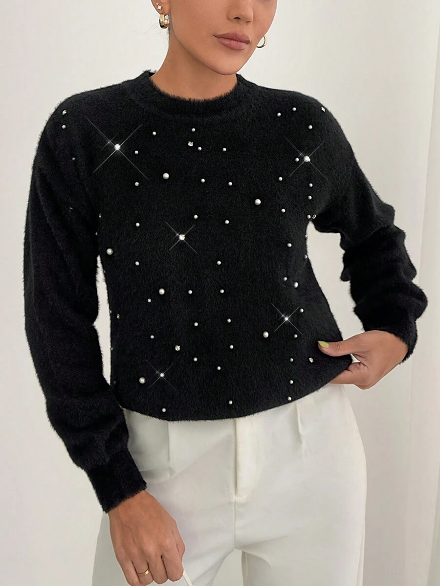 EURMUSE Women Hairy Yarn Solid Color Rhinestone Detailed Round Neck Pullover - Black - View 1