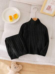 SHEIN 2 件套婴儿/幼儿百搭天鹅绒纹理高领长袖 T 恤和宽松长裤套装，适合家居和户外，秋冬季 - 黑色 - 查看 5