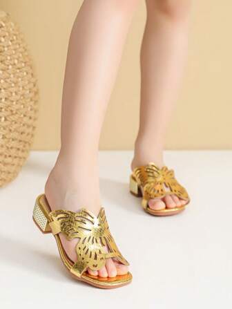 女童高跟拖鞋，时尚童鞋，金色凉鞋，夏季女童露趾鞋