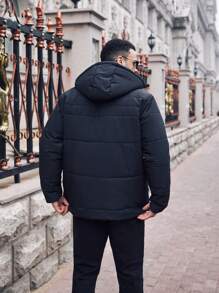 Manfinity Homme Plus Size Men's Solid Color Front Button Long Sleeve Casual Hooded Thick Padded Coat, Going Out Black Warm Winter Coat, For Friends, Husband, Boyfriend Gifts - Black - View 2