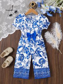 SHEIN Baby Girl Spring/Autumn Casual Vintage Elegant Floral Digital Print Fabric Backless Jumpsuit With Bow Decor For Outdoor & Travel