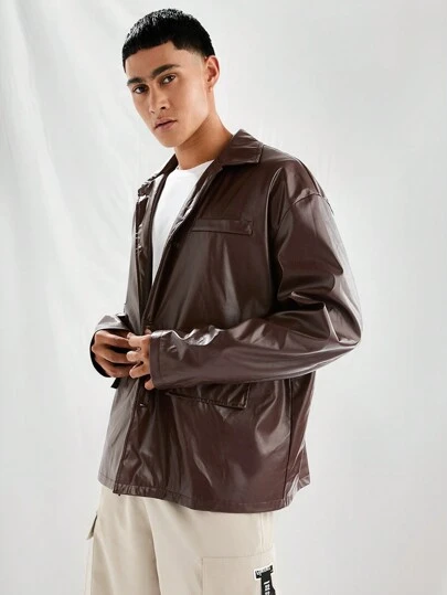 Manfinity VCAY Men's Fashionable Casual PU Leather Slim Fit Long Sleeve Button-Down Shacket, For Fall Winter