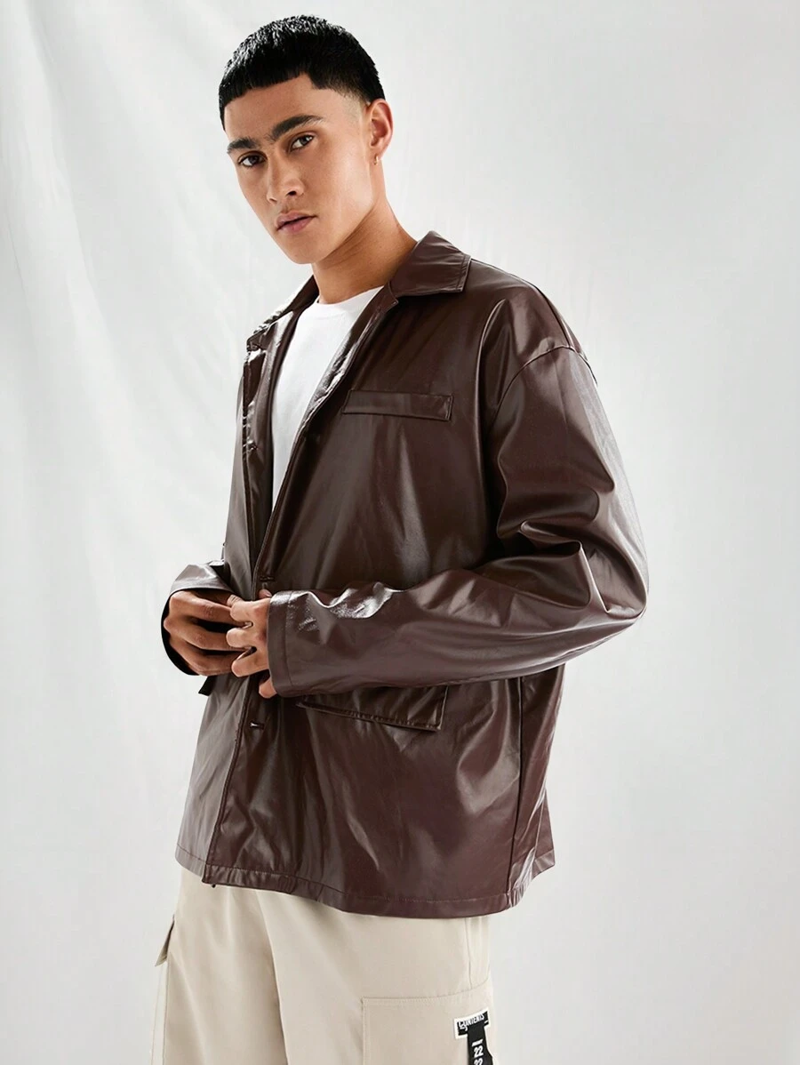 Manfinity VCAY Men's Fashionable Casual PU Leather Slim Fit Long Sleeve Button-Down Shacket, For Fall Winter - Brown - View 1