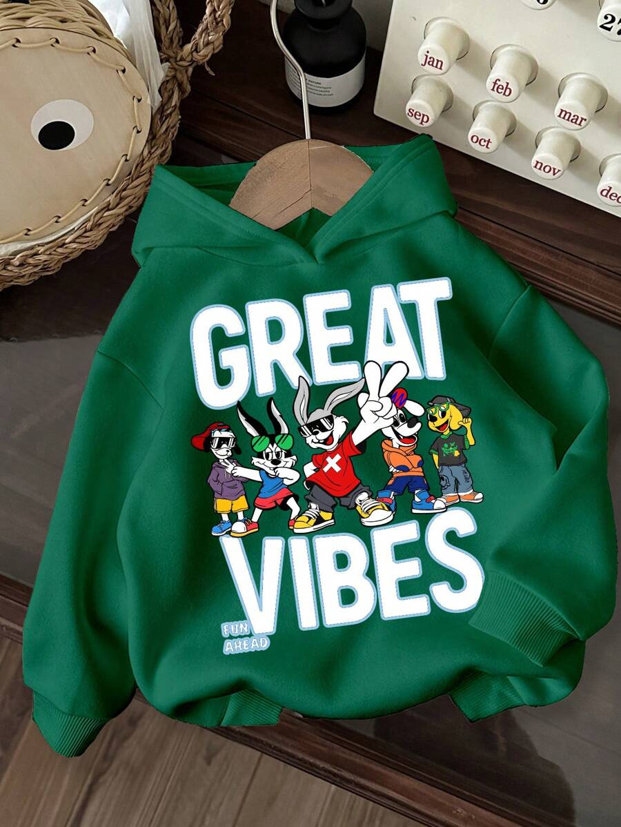 SHEIN Leap Crew 男童休闲舒适加厚针织长袖连帽衫 - 綠色 - 查看 1