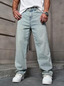 Manfinity Homme Plus Size Men's Simple Front Button Pocket Casual Denim Jeans - Light Wash - View 1