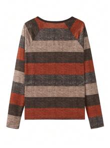 Casual Raglan Sleeve Color-Block Striped Long Sleeve Printed Crew Neck T-Shirt, Spring & Autumn