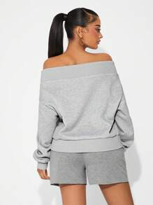 SHEIN SXY 灰色露肩运动衫，保暖内衬，适合秋冬季 - 灰色 - 查看 2