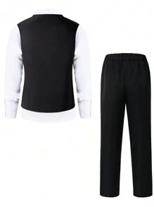 SHEIN 2 pièces Ensemble costume pour garçons adolescents, style de gentleman ajusté mince Gilet + Pantalon long de haute qualité, tenue de soirée élégante pour anniversaire, banquet, mariage