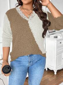 Celure Suéter de punto con cuello en V, volantes y contraste de color para mujer de talla grande, para otoño e invierno