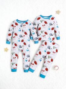 Bộ 3 món/bộ đồ mặc nhà in hình đồ chơi dễ thương cho bé trai dài tay & quần & áo liền quần vừa vặn - Xám - Xem 1