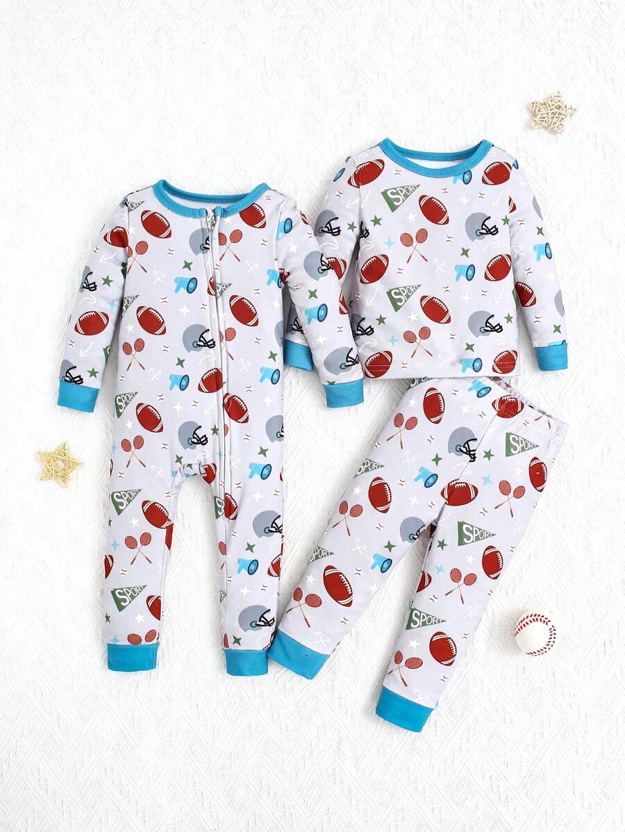 Bộ 3 món/bộ đồ mặc nhà in hình đồ chơi dễ thương cho bé trai dài tay & quần & áo liền quần vừa vặn - Xám - Xem 1