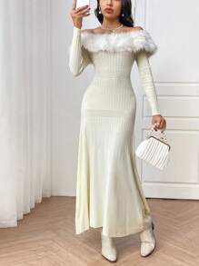 Modelyn Elegant Off Shoulder Fur Collar Sweater Dress For Autumn/Winter - White - View 5