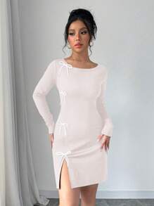 Elenzga Women Casual Bow Decor Round Neck Long Sleeve Short Dress