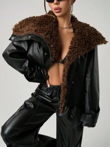 SHEIN ICON Chaqueta de mujer con bloque de color, cuello de piel y cierre diagonal, para otoño/invierno