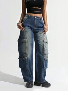 SHEIN ICON Women's Retro Cargo Denim Straight Leg Jeans - Blue - View 2