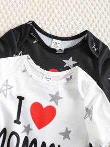 男女宝宝黑白爱心印花宽松圆领短袖连体衣两件套，适合居家、外出、情人节派对等场合。 - 黑與白 - 查看 3