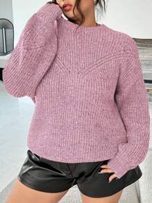INAWLY Plus Size Casual Plain Color Lantern Sleeve Sweater, Autumn/Winter Knit Pullover Fall - Pink - View 5