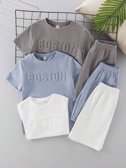 SHEIN 6pcs/Set Tween Boy Casual Embossed Pattern Round Neck T-Shirt & Shorts Set