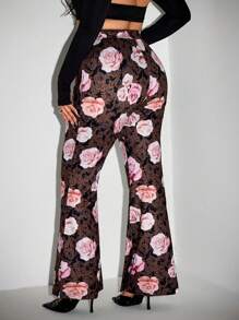 SHEIN ICON Pantaloni a zampa di lana con stampa floreale a rose, taglia grande, ideali per San Valentino - Multicolore - Visualizzare 2