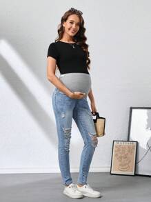 SHEIN Maternity Distressed Skinny Stretch Denim Jeans - Light Wash - View 3
