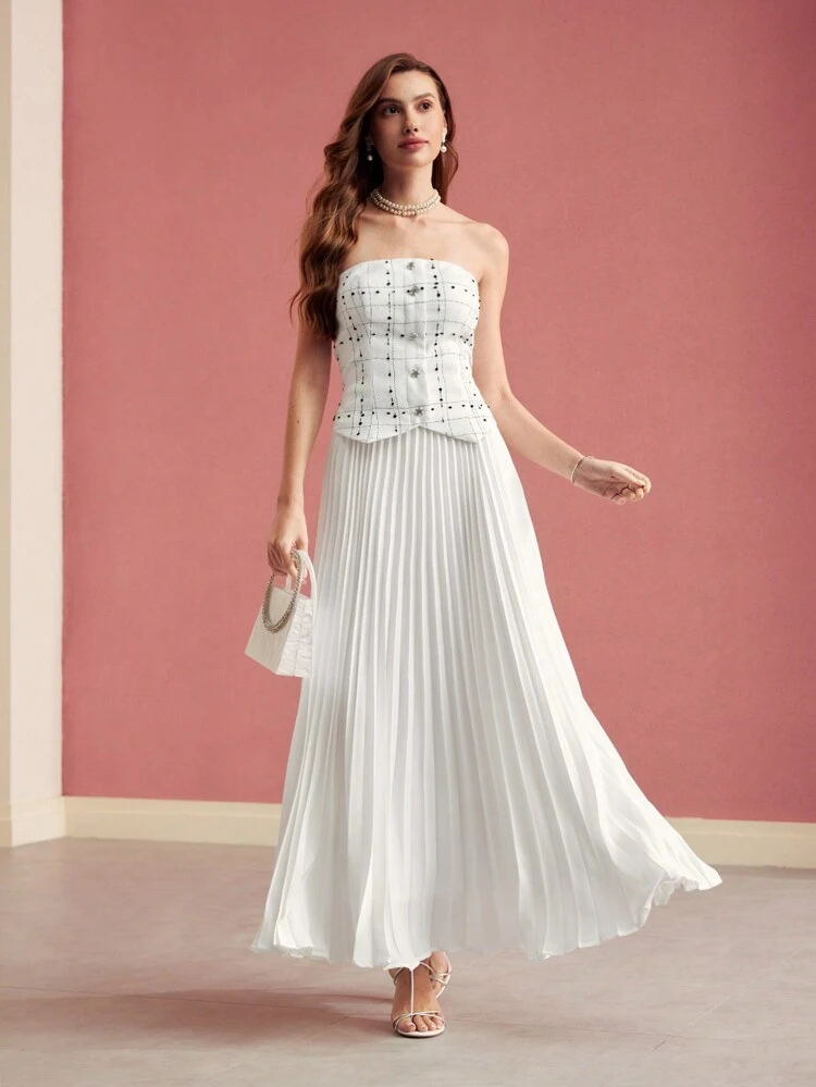 CONTRAST PLAID PLEATED TUBE DRESS,VALENTINE'S DAY OUTFIT,SPRING/SUMMER