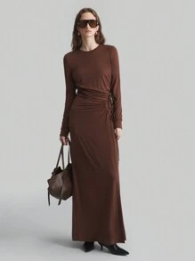 Ontre Knit Fabric Women's Dress, 2025 New Spring Fashion Long Wrap Dress, Round Neck Long Sleeve Brown Fitted Dress, Autumn/Winter Knit Long Sleeve Dress - Coffee Brown - View 1