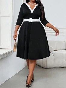 SHEIN Lady  Spring And Summer Autumn And Winter Elegant Work Office Colorful Knitted V Neck Flared Belted Midi Three Quarter Length Sleeve Plus Size Dresses - Black and White - View 6