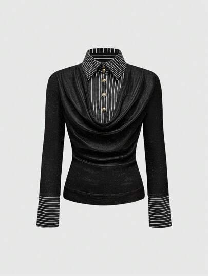 2 In 1 Vintage Shiny Yarn Inset Vertical Stripe Women Tops