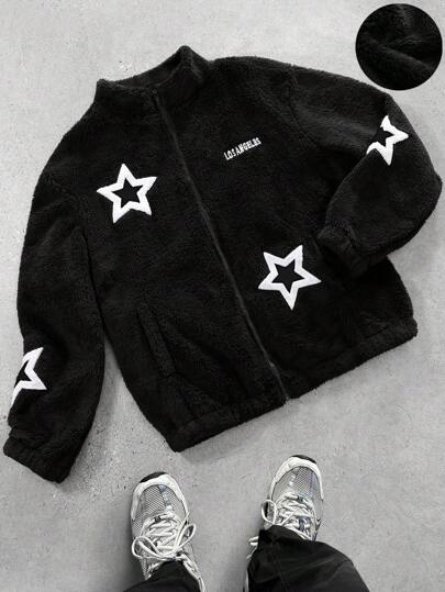 PAVTROS Manfinity Streetrush Men's Pentagram Print Zip-Up Long Sleeve Jacket, Autumn/Winter ,Men's Sporty College Style Star Applique Black Warm Plush Jacket ,Back To School Going Out Fashion Black Warm Jacket, Graphic Jacket, For Friends, Husband, Boyfriend Gifts, Star Jacket, Black Graphic Jacket, Grunge