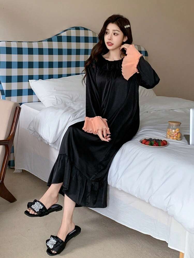 Ruffled Collar Satin Patchwork Contrast Color Pleated Wave Sleeve Nightgown Pajama