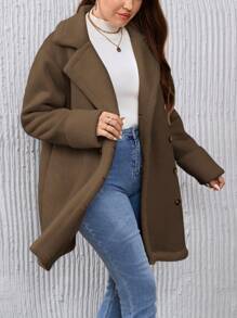 SHEIN Essnce Plus Size Women Solid Color Notch Collar Double-Breasted Casual Jacket, Winter