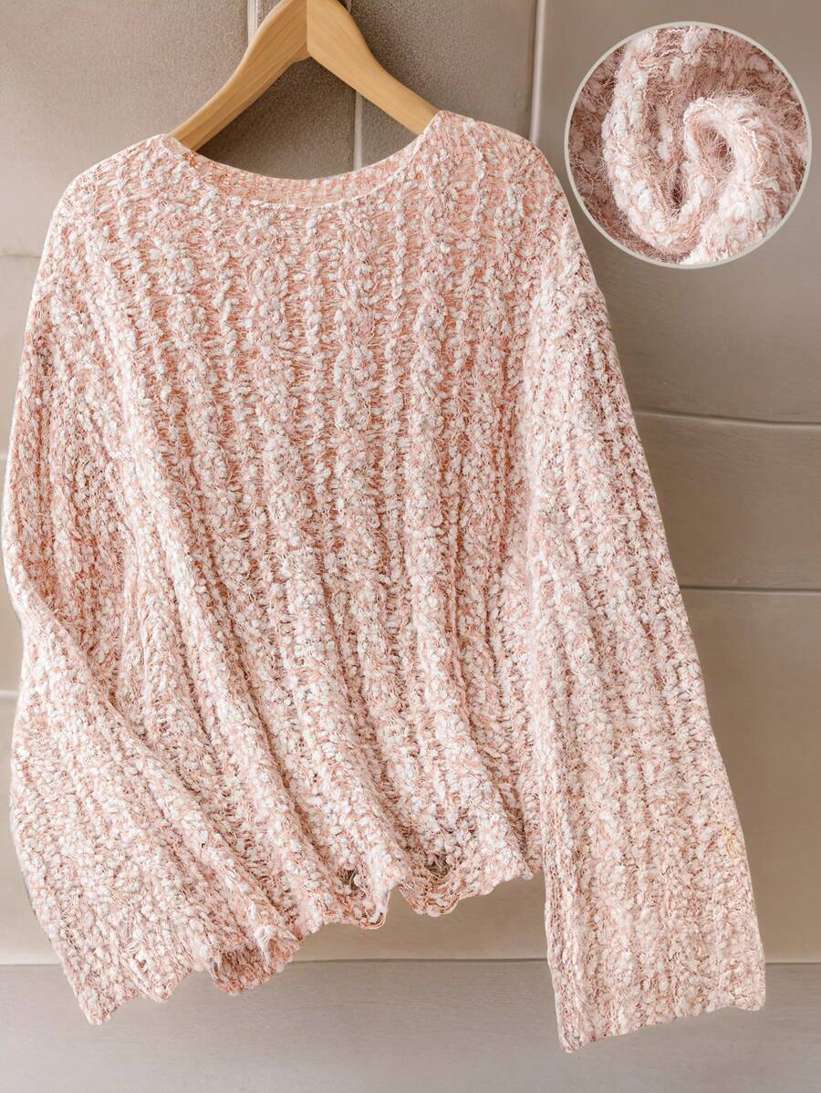 SHEIN Unity 大码女式纯色蓬松舒适圆领毛衣,秋冬针织套头衫 - 粉色 - 查看 1