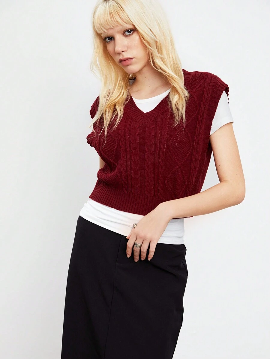 TRNVIE Women's Solid V-Neck Casual Loose Sweater Vest, Autumn/Winter - Burgundy - View 1