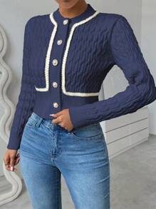 Chiquease Twist Cable Knit Trim Cropped Cardigan - Navy Blue - View 6