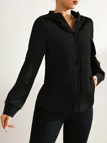 Women's Sporty Casual Warm Padded Coat, Black Zip-Up - Black - View 4