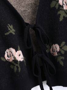 Sweetra Romantic Vintage Rose Inlaid Flower Lace-Up Cropped Cardigan, Slimming Design - Black - View 4
