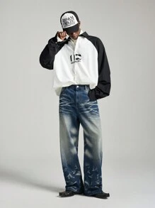 NEON BLANC Men's Fashion Street Loose Washed Long Denim Jeans - Blue - View 6