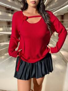 Calvaya 加大码红色长袖立体花卉针织上衣，新年秋冬针织套头衫 - 紅色 - 查看 8