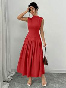 Elenzga 2024 新款优雅手工褶皱无袖立领长裙，杏色 - 紅色 - 查看 4