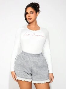 SHEIN SXY Plus Size Women Grey & White Woven Trim Lace Decor Loose Shorts