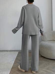 EURMUSE 女士纯色领口前扣口袋细节套头衫和毛衣裤套装 - 灰色 - 查看 7