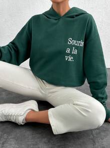 RueChic 100% 纯棉纯色休闲字母刺绣落肩连帽衫，带羊毛衬里