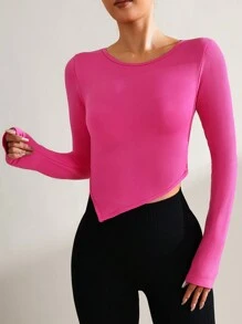 SHEIN Women's Solid Color Round Neck Long Sleeve Fitted Daily Fitness Workout T-Shirt - Hot Pink - View 5