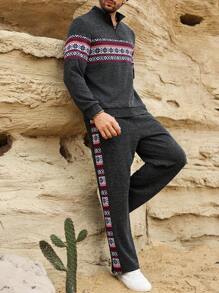 Manfinity Homme 男士几何图案拉链立领长袖运动衫和运动裤休闲套装 - 彩色 - 查看 3