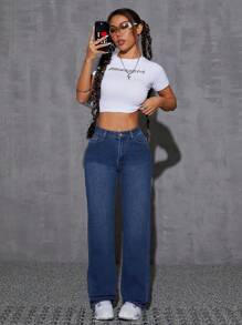 SHEIN EZwear 女士纯色休闲牛仔裤，适合日常穿着，简约风格 - 深色水洗藍 - 查看 4