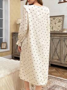 CottageSlumber Lace Patchwork Round Neck Three-Button Cherry Print Oversized Long Sleeve Women Sleepwear Dress - Apricot - View 2