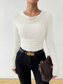 SHEIN Vintage Asymmetrical Draped Neck Distressed Texture Ruched Slim Fit Long Sleeve T-Shirt Fall Cloth For Women - White - View 6
