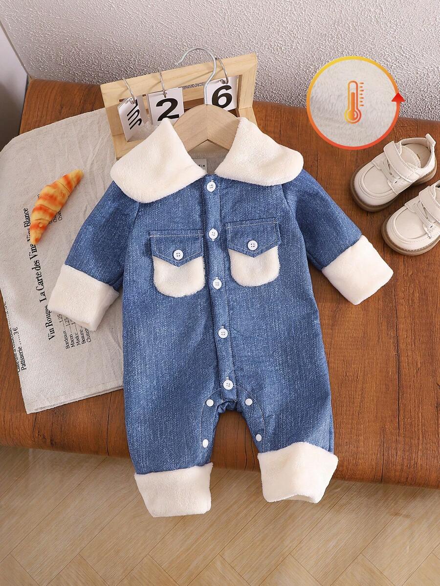 Bộ đồ liền thân mùa đông dài tay lót nhiệt hiệu ứng denim dày cho bé gái có cổ lông - Màu xanh lam - Xem 1